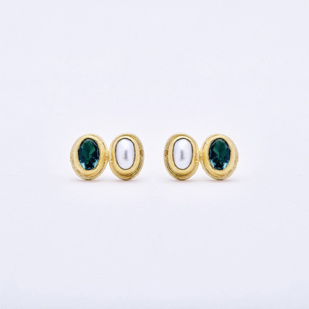 Green Tourmaline and Pearl Post Earrings