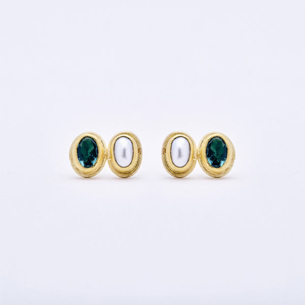 Green Tourmaline and Pearl Post Earrings