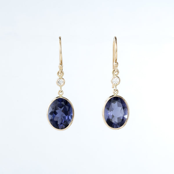 Iolite and Diamond Yellow Gold Drop Earrings