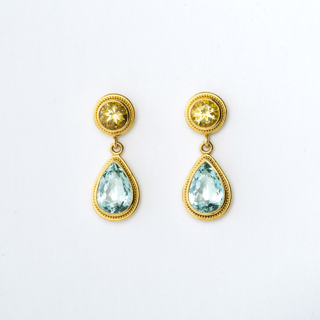 22k Yellow Gold Aquamarine and Yellow Beryl Earrings