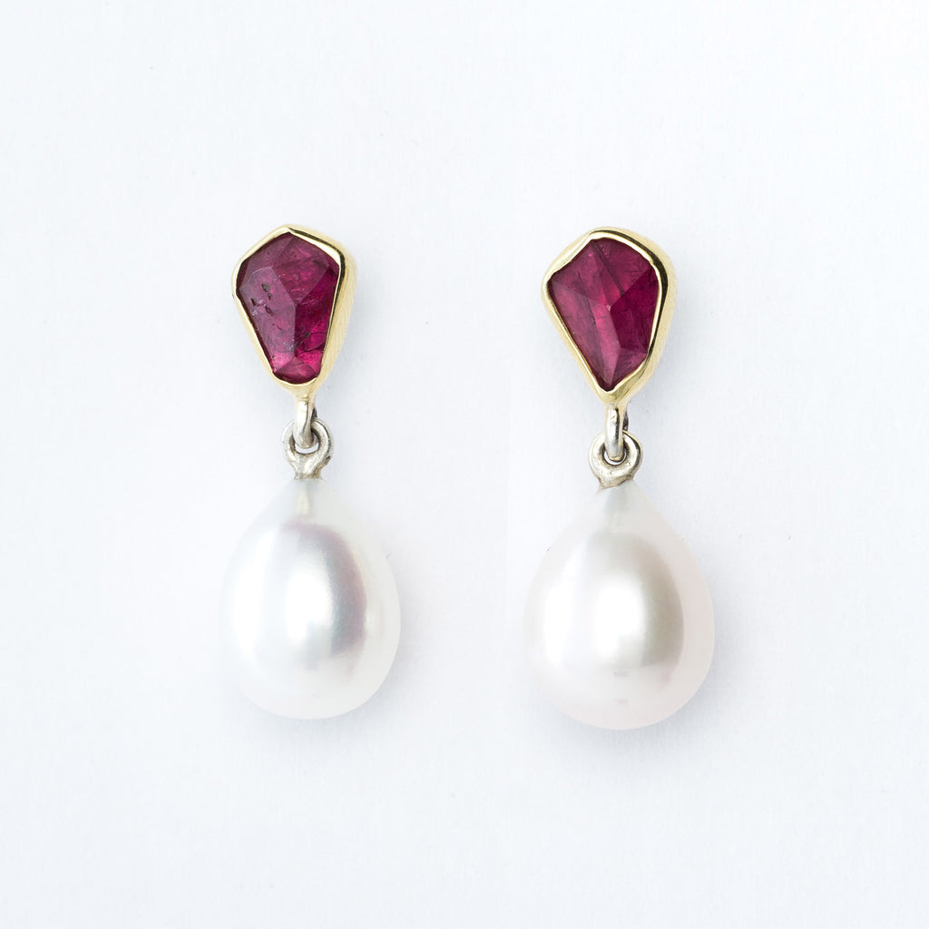 Red Tourmaline and Pearl Earrings