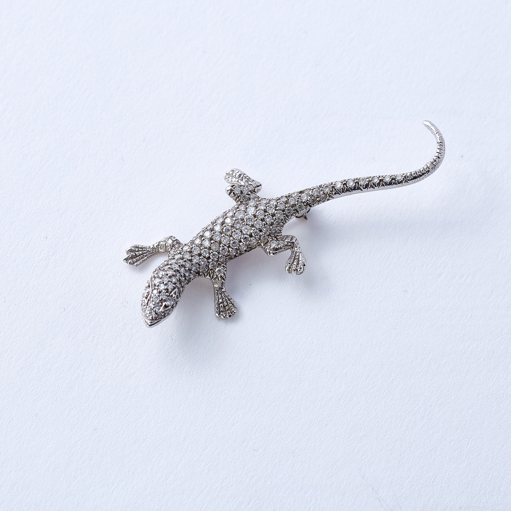 Diamond and White Gold Lizard Pin