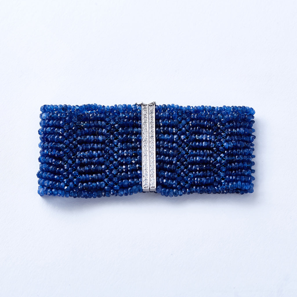 Beaded Sapphire Bracelet with White Gold and Diamond Clasp