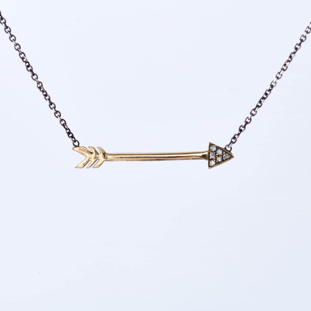 Yellow Gold and Diamond Arrow Necklace with Silver Chain